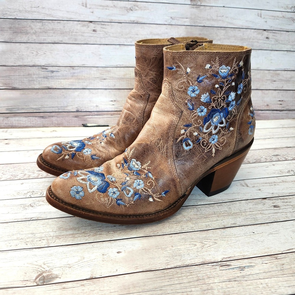 Shyanne TILLIE Floral Embroidered Brown Leather Zip Western Booties Size 7.5